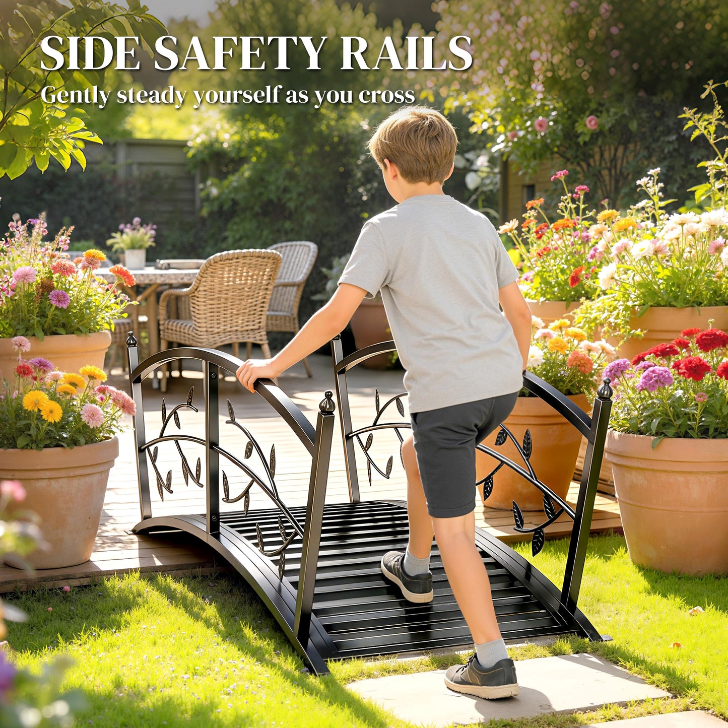 1.2M Metal Garden Bridge with Safety Railings, Outdoor Pond Bridge