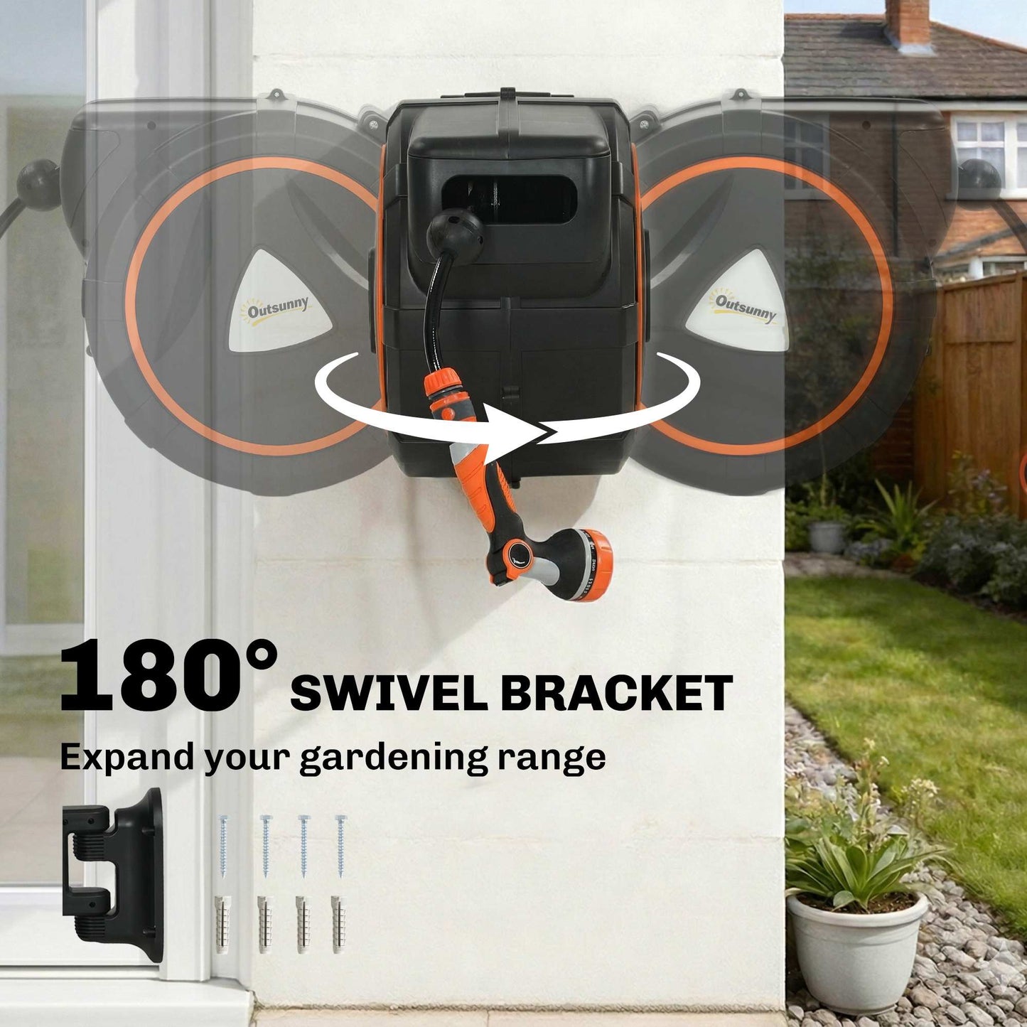 Retractable Hose Reel Wall Mounted, 23+2m Garden Hose Pipe Reel with Auto Retraction, Self-Locking, Slow Return System, 180° Swivel Bracket, 12-Pattern Nozzles and Faucet Adaptor, Orange
