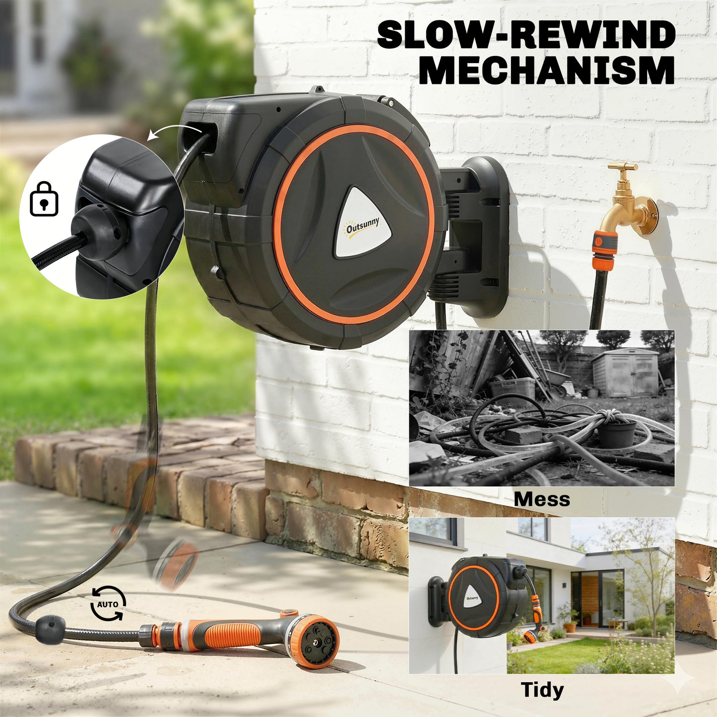 Retractable Hose Reel Wall Mounted, 23+2m Garden Hose Pipe Reel with Auto Retraction, Self-Locking, Slow Return System, 180° Swivel Bracket, 12-Pattern Nozzles and Faucet Adaptor, Orange