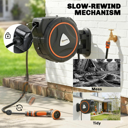 Retractable Hose Reel Wall Mounted, 23+2m Garden Hose Pipe Reel with Auto Retraction, Self-Locking, Slow Return System, 180° Swivel Bracket, 12-Pattern Nozzles and Faucet Adaptor, Orange