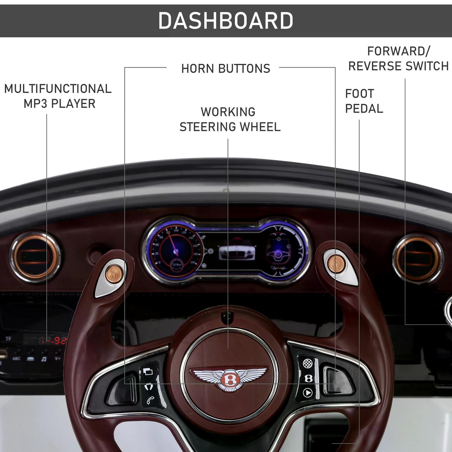 HOMCOM Compatible 12V Kids Children Electric Ride-on Car Bentley GT Twin Motors with LED Lights Music Parental Remote Control White