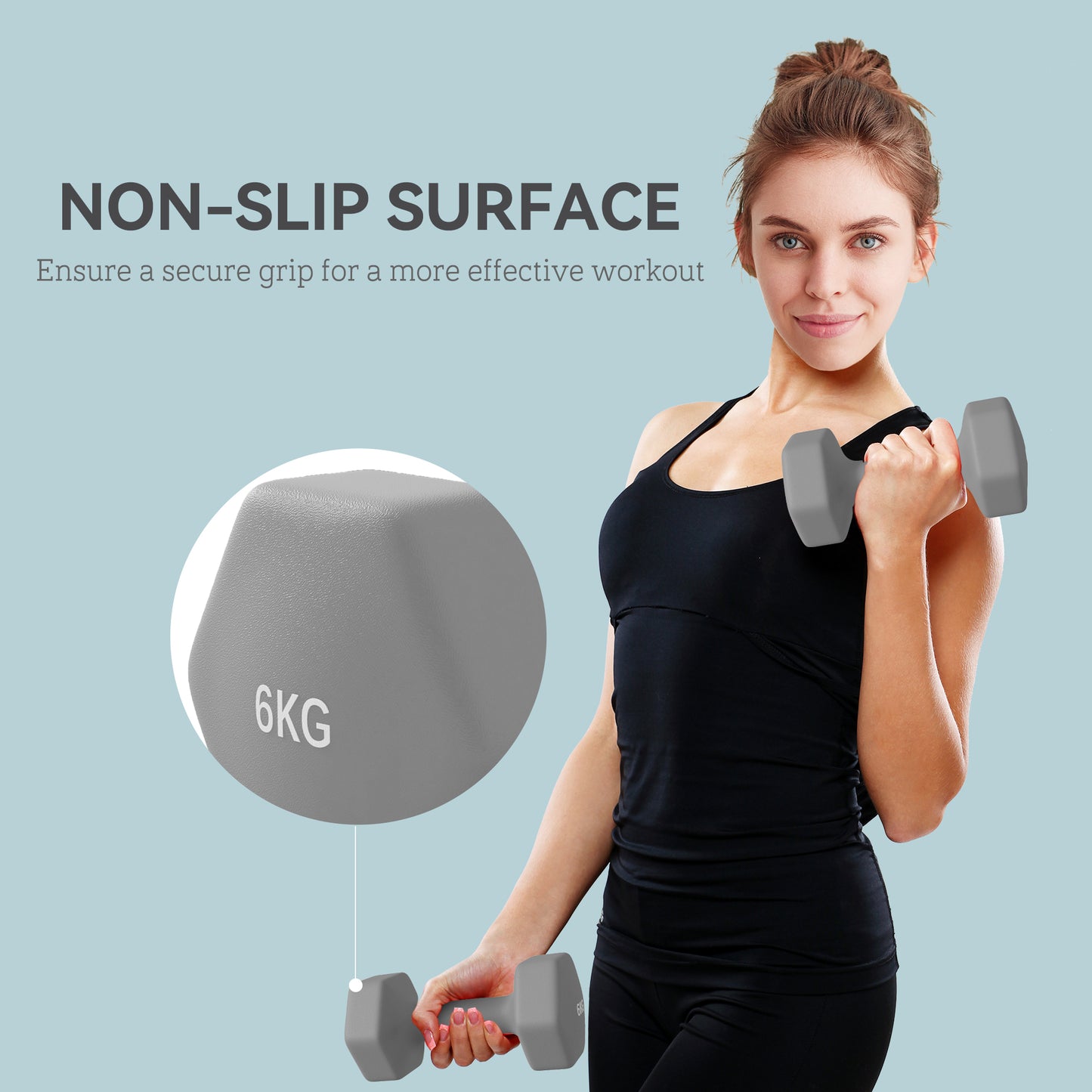 Set of 2 Hexagonal Dumbbells Weights Pair, 2 x 6kg, Grey