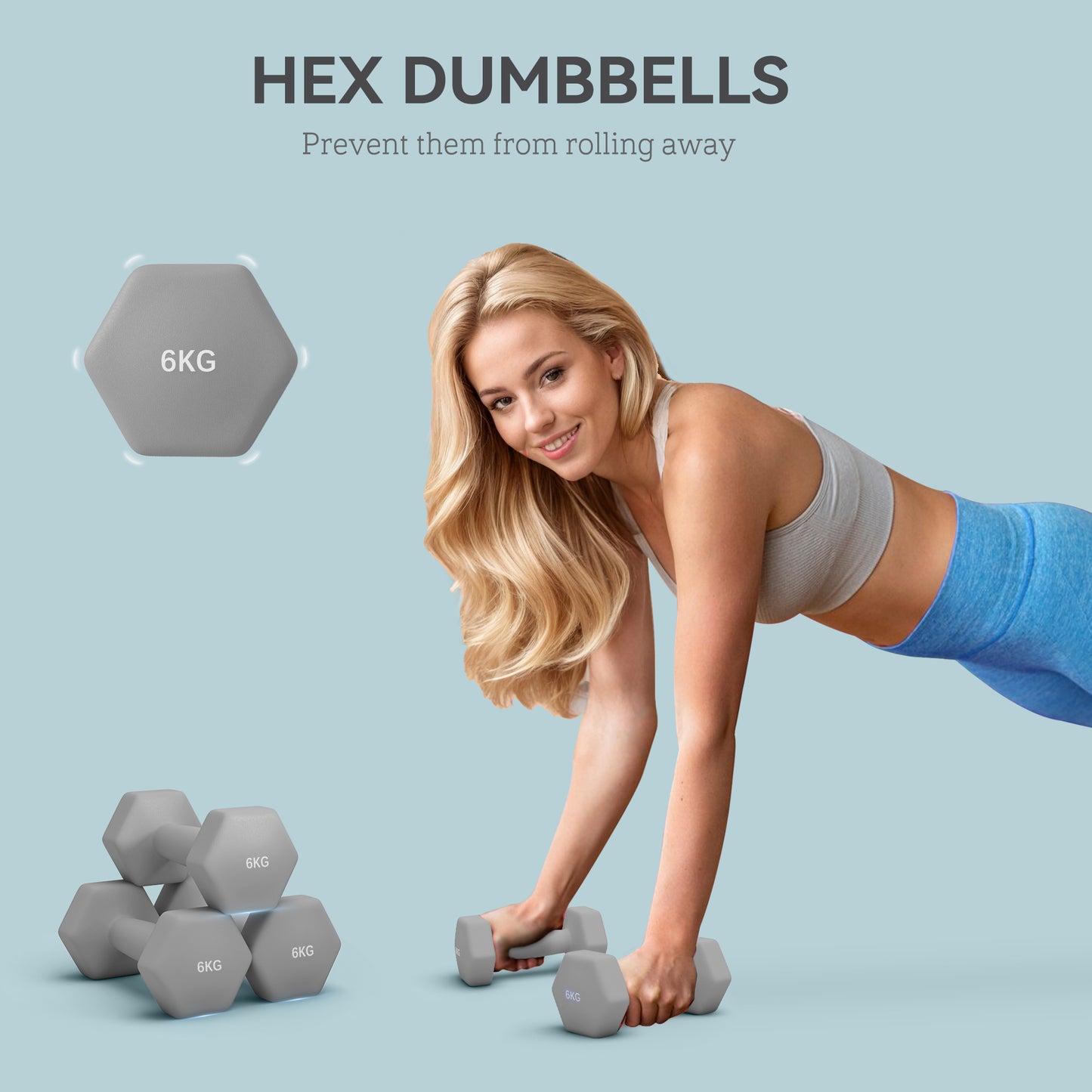 Set of 2 Hexagonal Dumbbells Weights Pair, 2 x 6kg, Grey