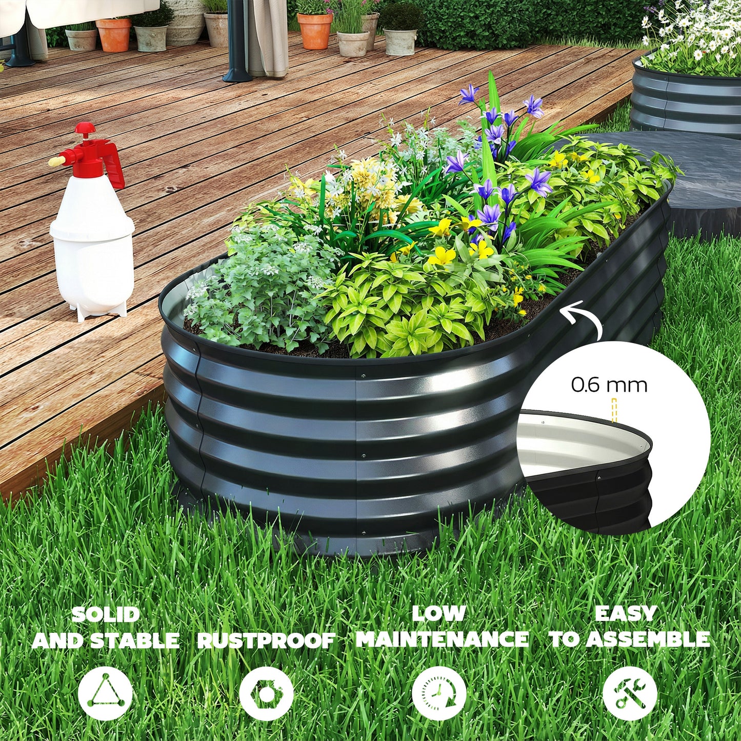 Set of 2 Raised Beds for Garden with Metal Plant Stakes, Dark Grey
