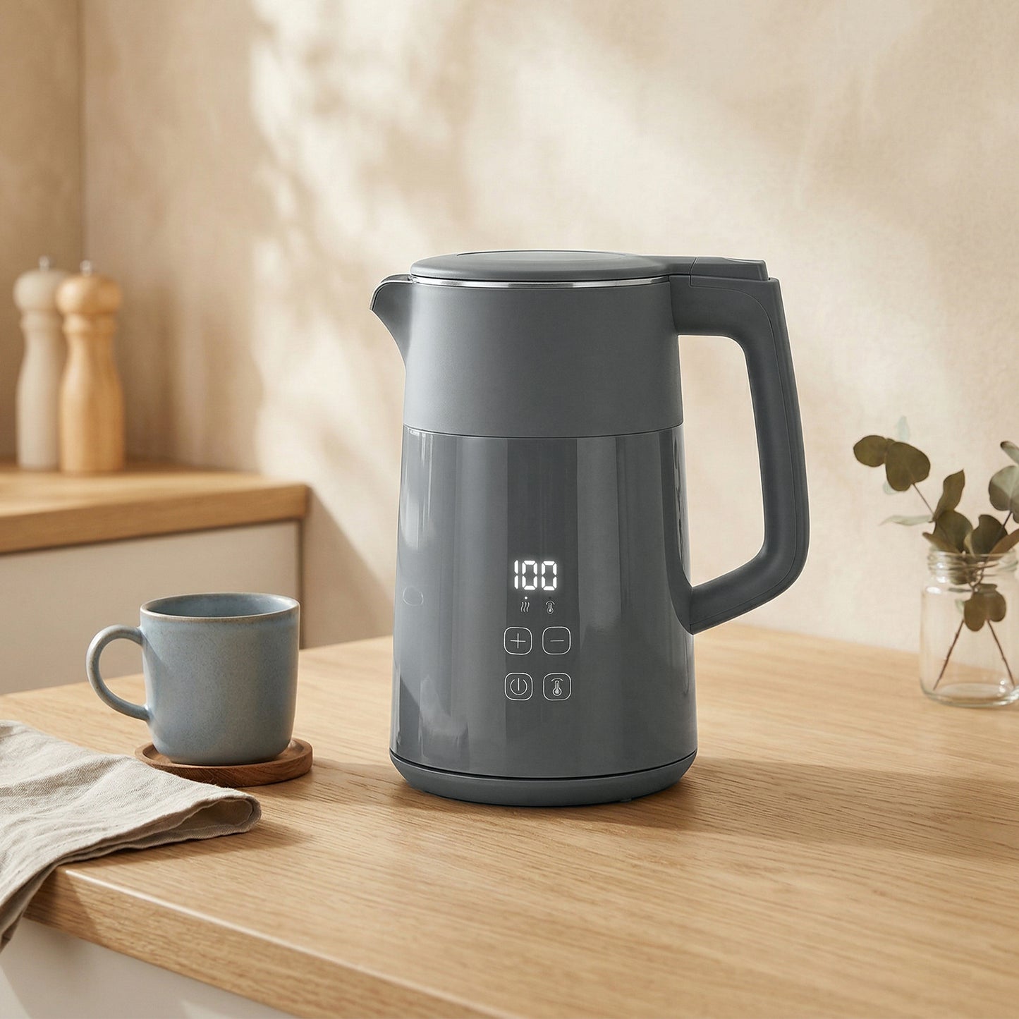 Electric Kettle, 1.7L Fast Boil 3kW Water Kettle with UK Strix Thermostat, LED Display, Keep Warm Function, Auto Shut-off and Boil-Dry Protection, Grey