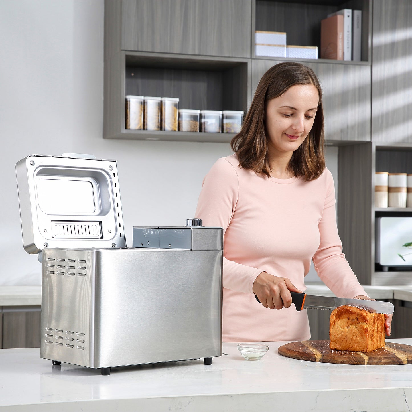 25 in 1 Bread Machine 0.9 KG Capacity Programmable Stainless Steel Dough Maker with Auto Fruit Nut Dispenser Nonstick Pan 3 Loaf Sizes, 550W