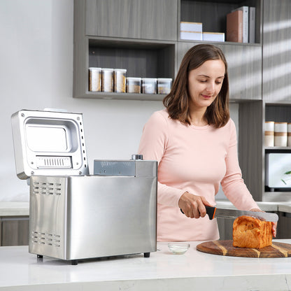 25 in 1 Bread Machine 0.9 KG Capacity Programmable Stainless Steel Dough Maker with Auto Fruit Nut Dispenser Nonstick Pan 3 Loaf Sizes, 550W