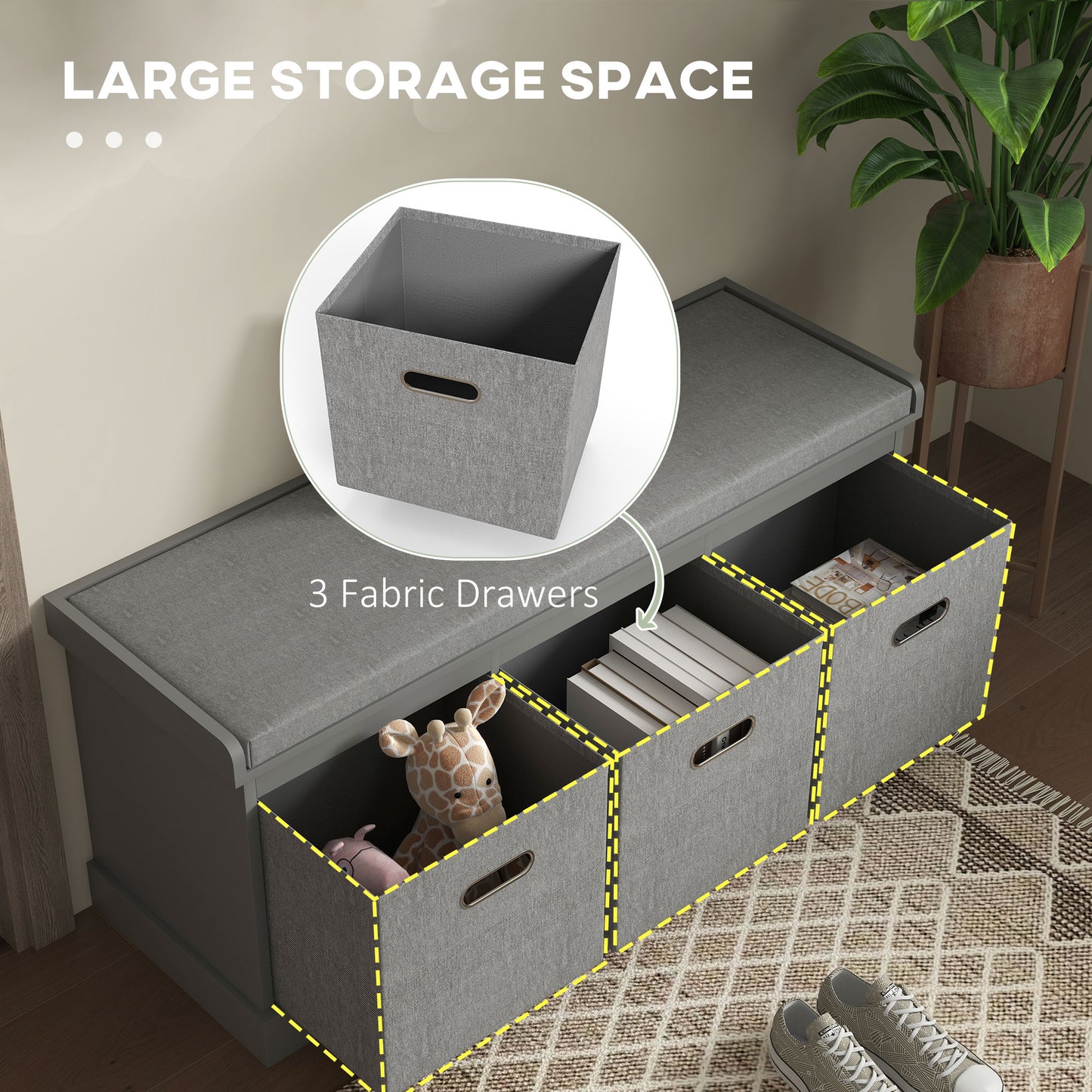 Shoe Bench with Seat, Shoe Storage Bench with Fabric Drawers, Grey