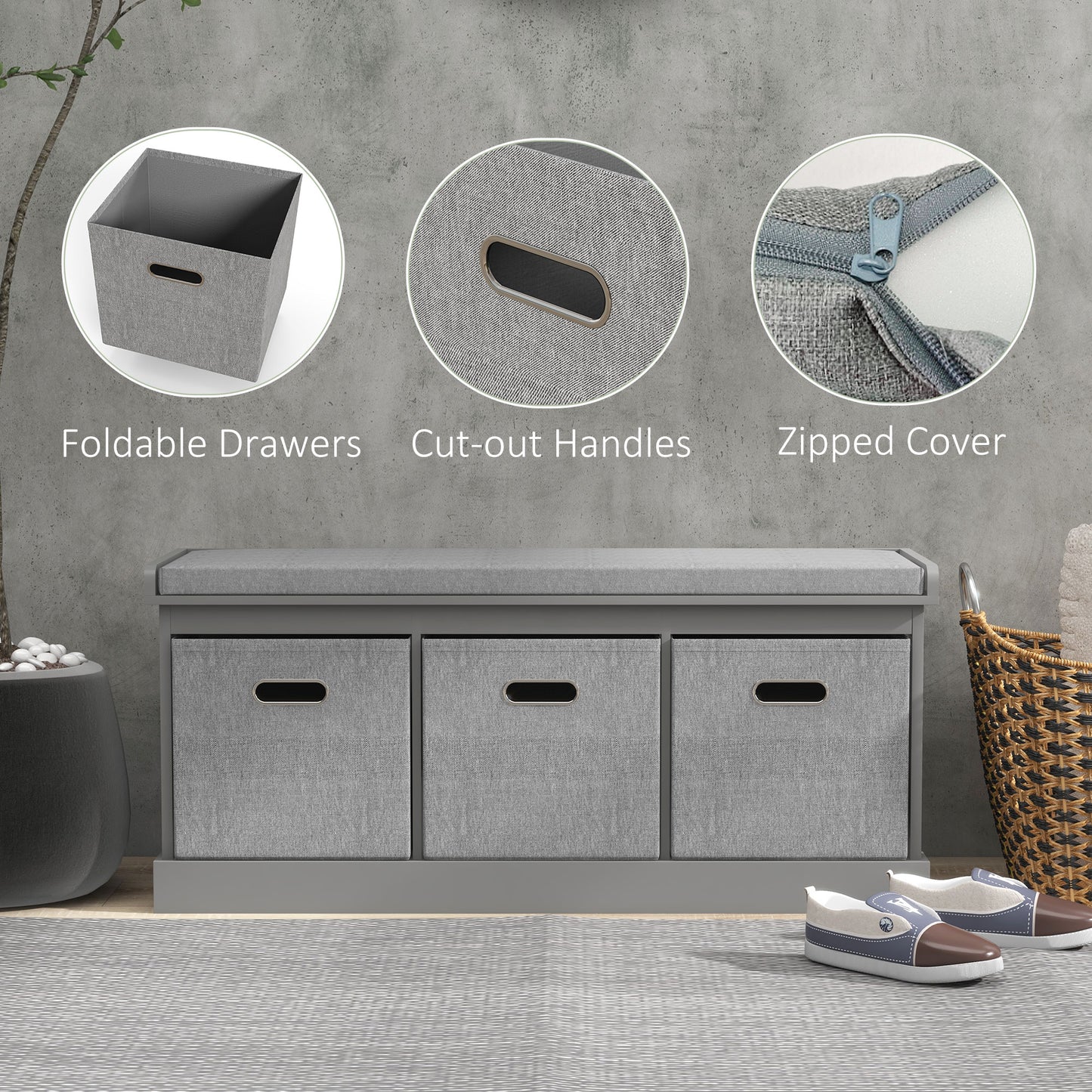 Shoe Bench with Seat, Shoe Storage Bench with Fabric Drawers, Grey