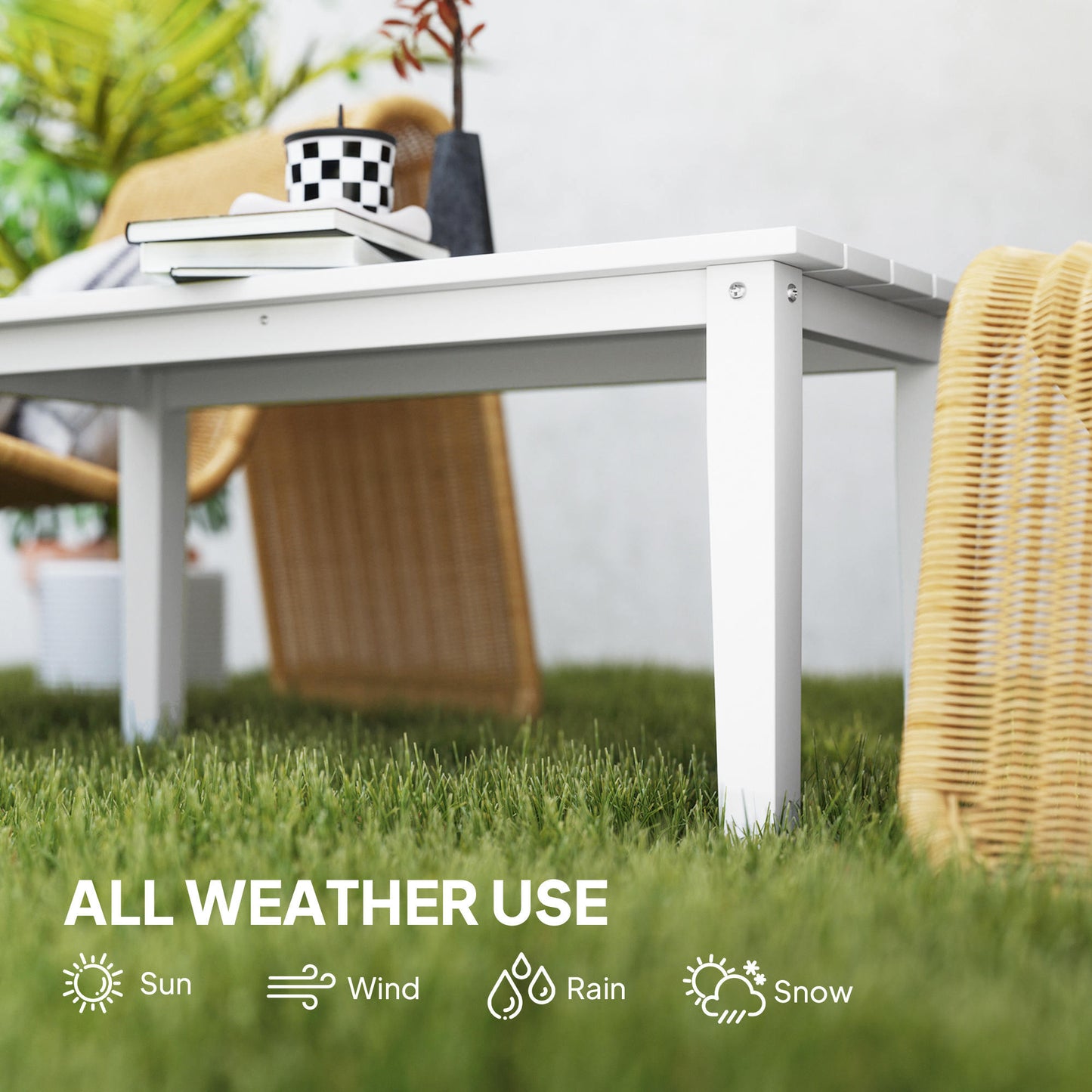 HDPE Rectangle Garden Coffee Table, Slatted Outdoor Table, White