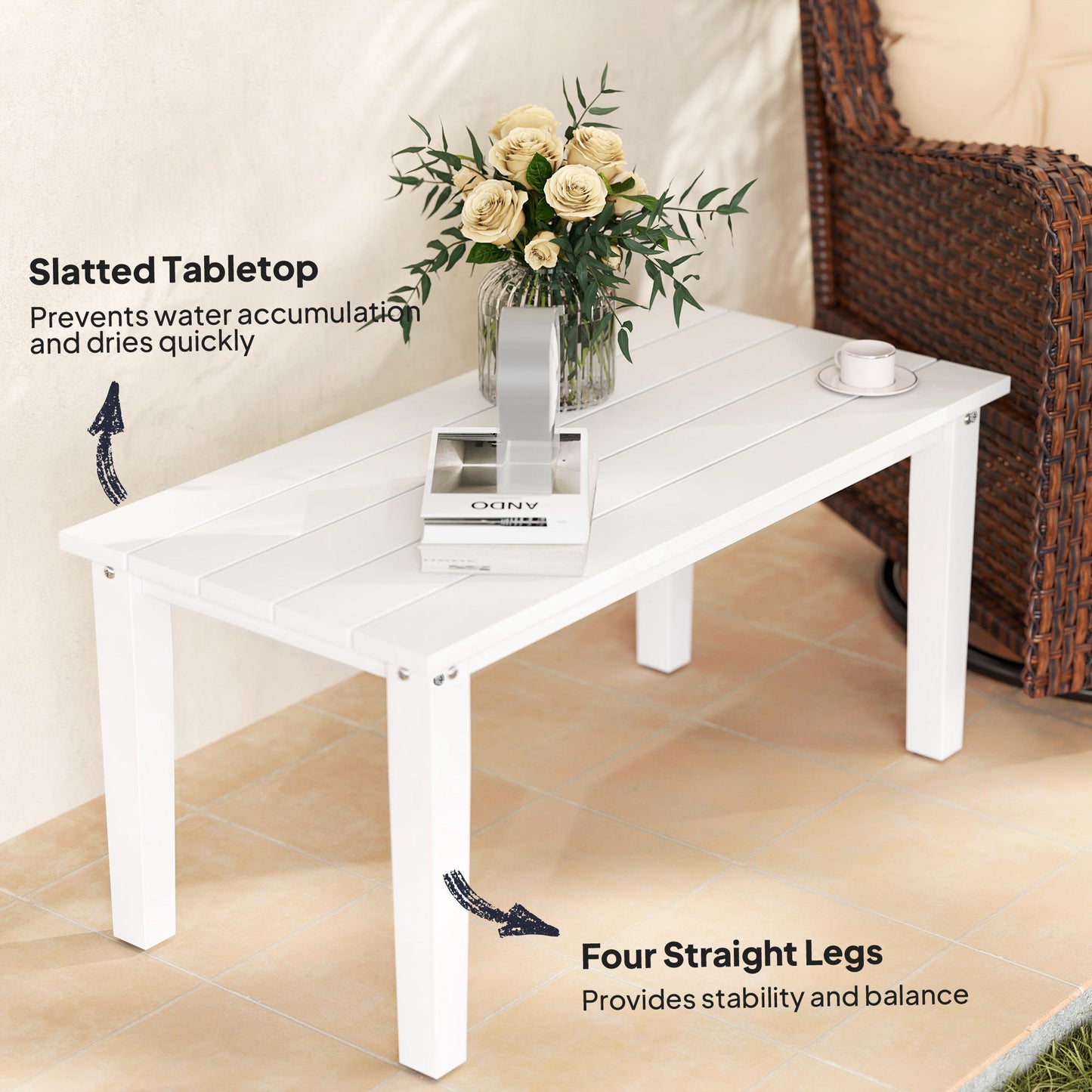 HDPE Rectangle Garden Coffee Table, Slatted Outdoor Table, White
