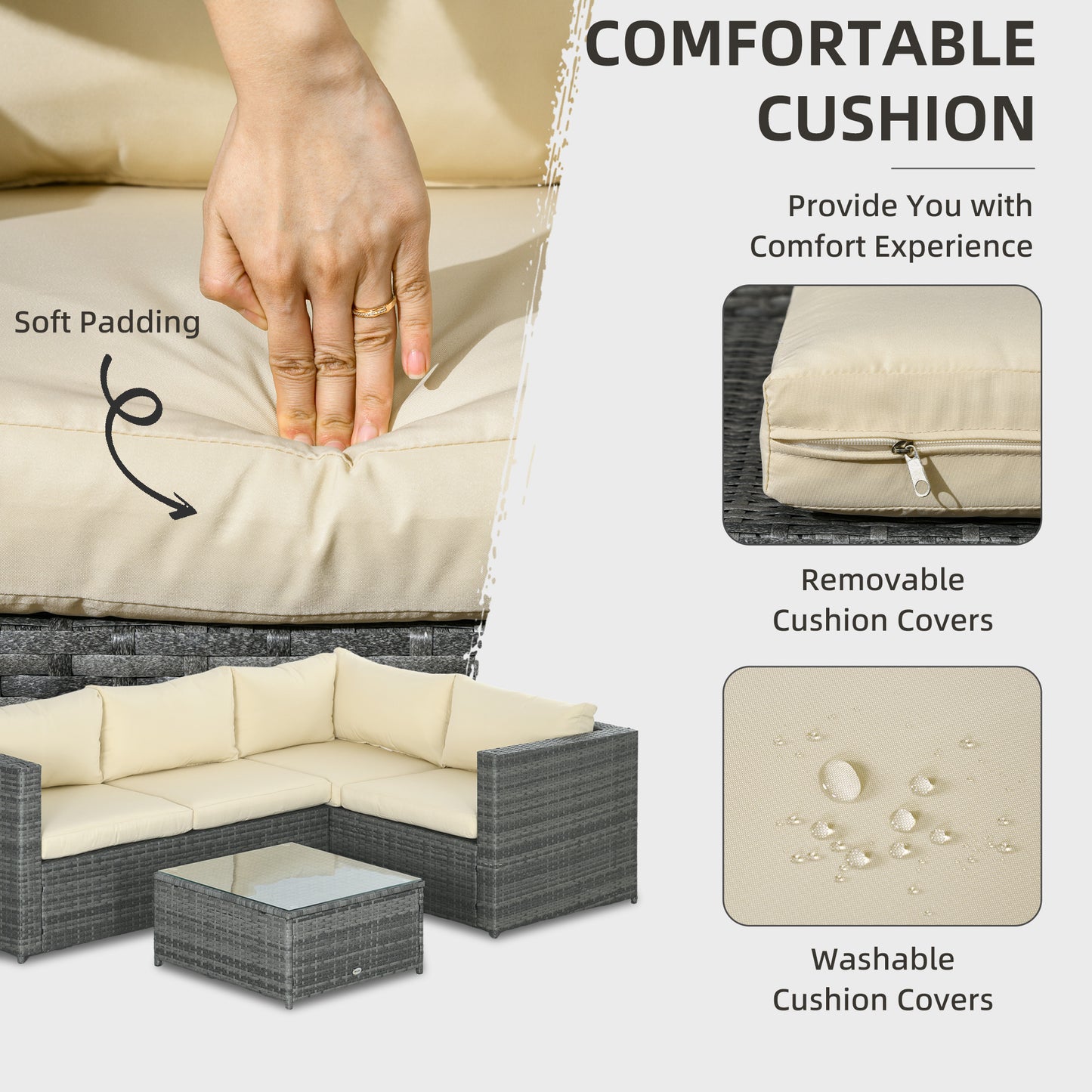 3Pcs Rattan Corner Sofa Set Coffee Table Garden Furniture  w/ Cushion - Mixed Grey