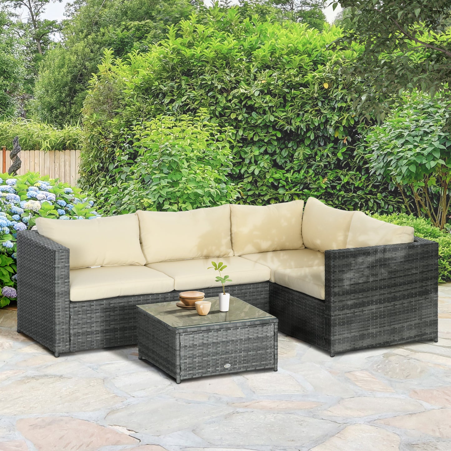 3Pcs Rattan Corner Sofa Set Coffee Table Garden Furniture  w/ Cushion - Mixed Grey