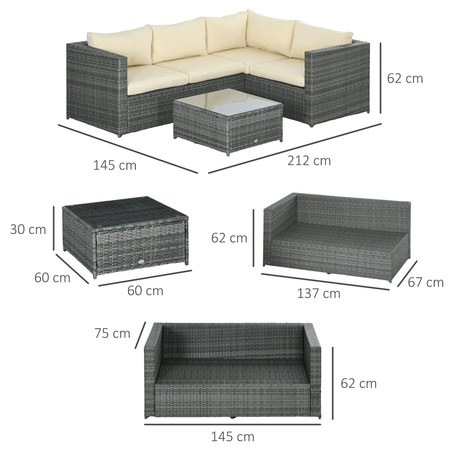 3Pcs Rattan Corner Sofa Set Coffee Table Garden Furniture  w/ Cushion - Mixed Grey