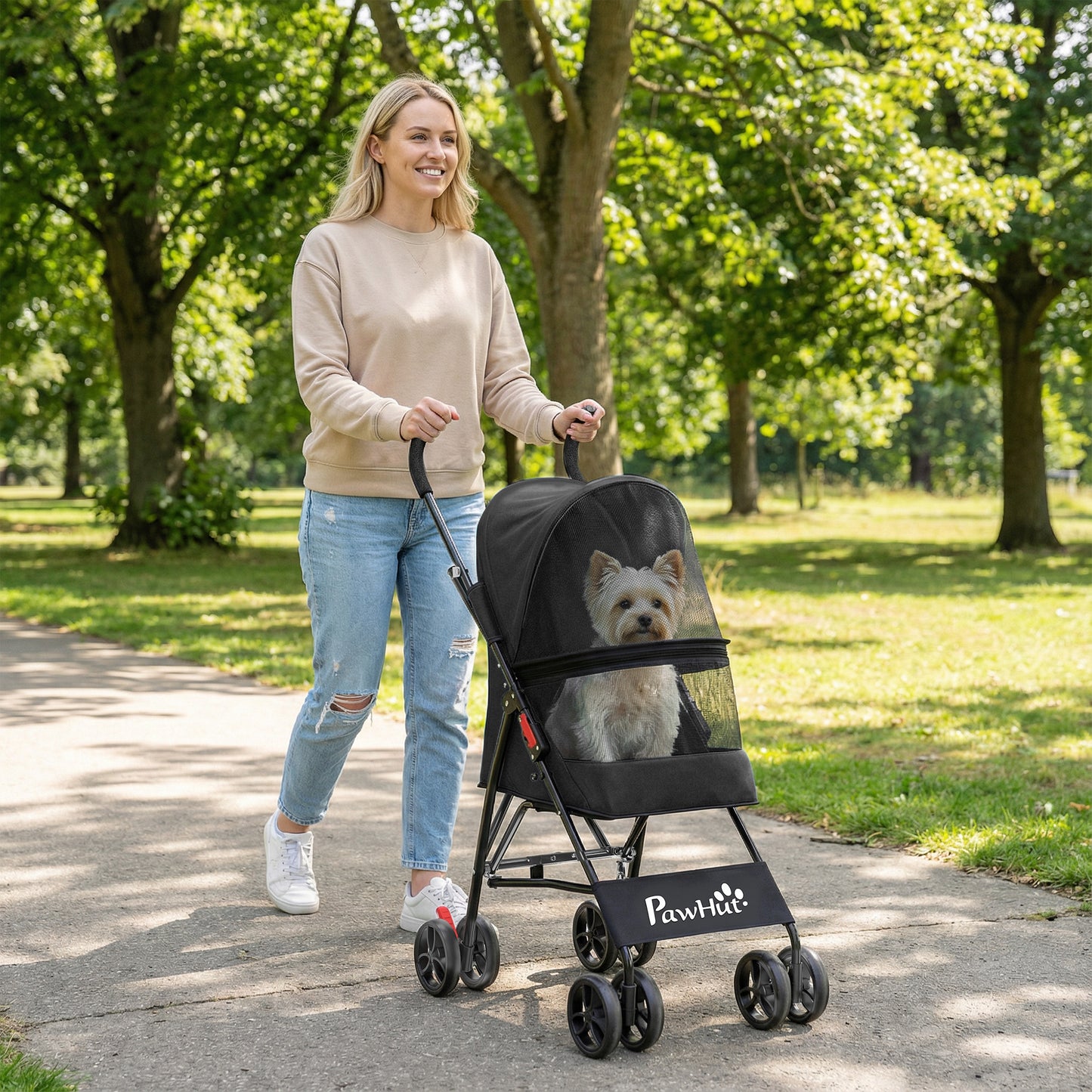 Foldable Dog Stroller with Mesh Windows for Mini Dogs, Black