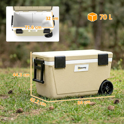 70L Insulated Cool Box with Wheels, Portable Ice Cooler, Khaki