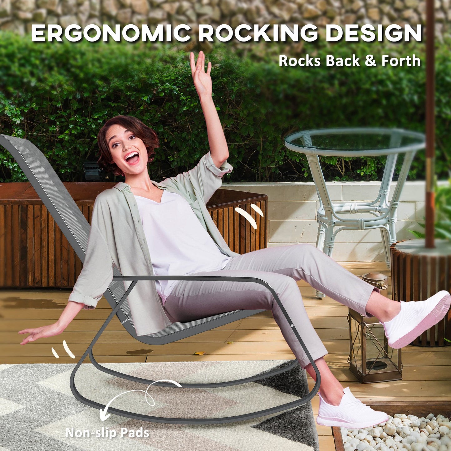 2PCS Garden Rocking Chairs with Armrests, High Back, Grey