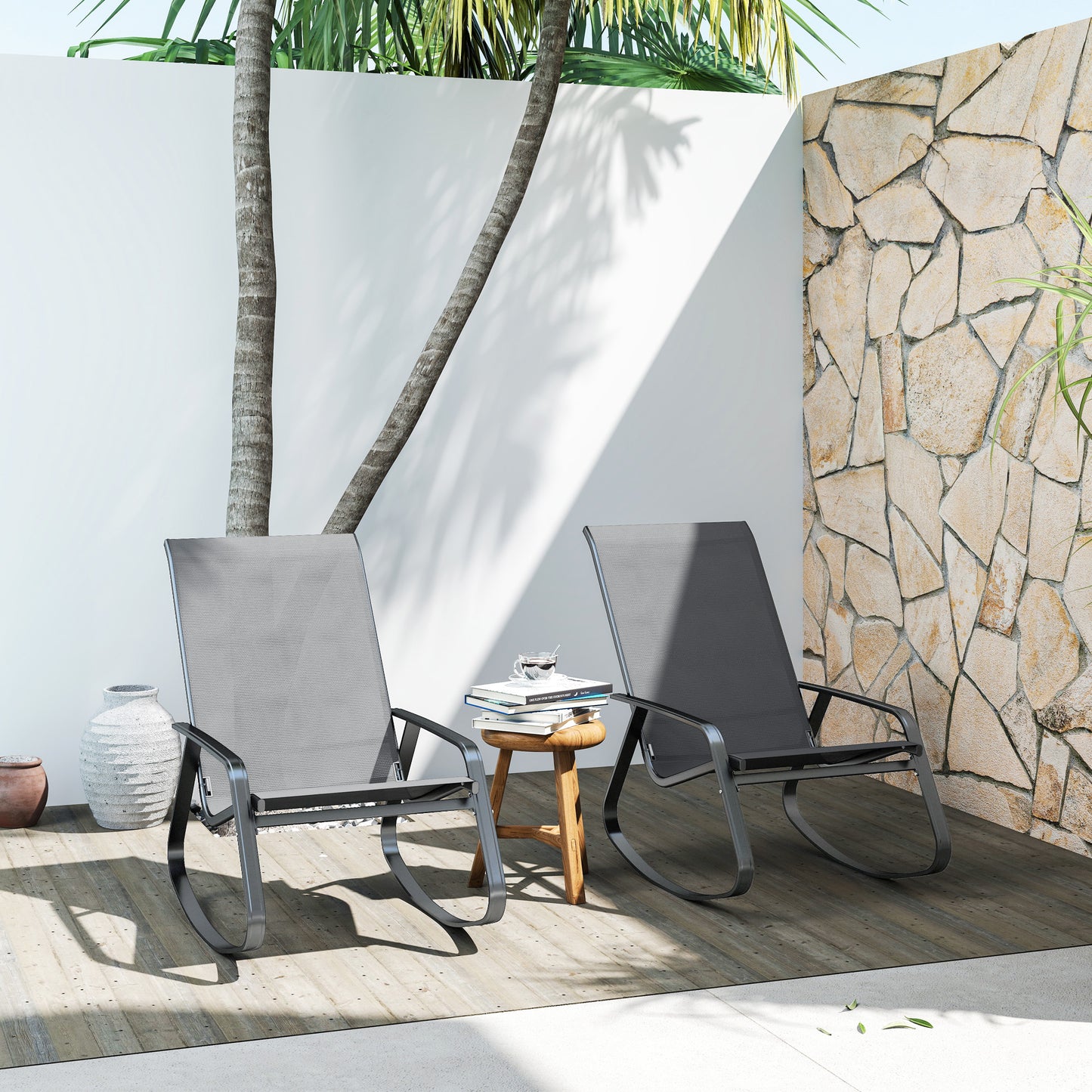 2PCS Garden Rocking Chairs with Armrests, High Back, Grey