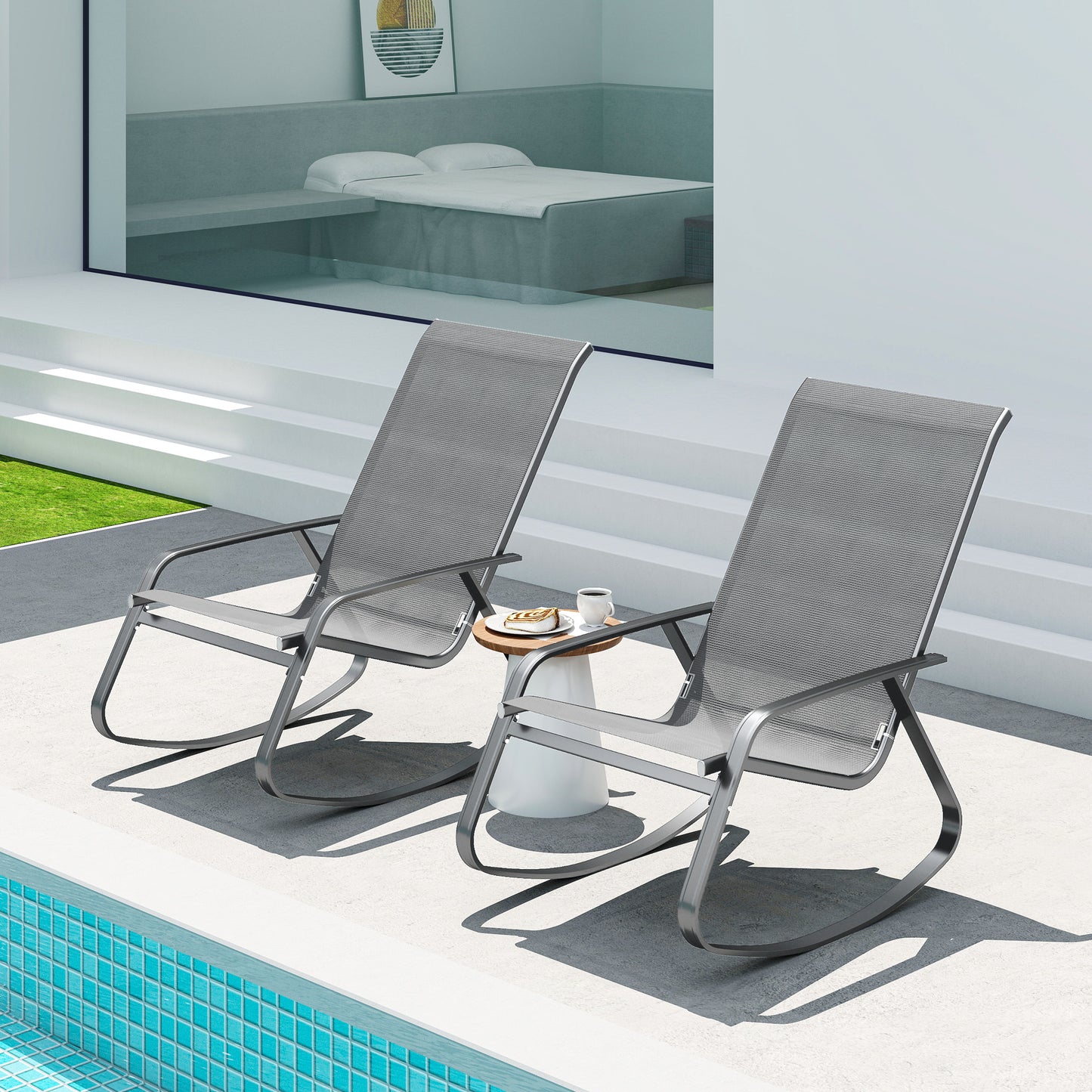 2PCS Garden Rocking Chairs with Armrests, High Back, Grey