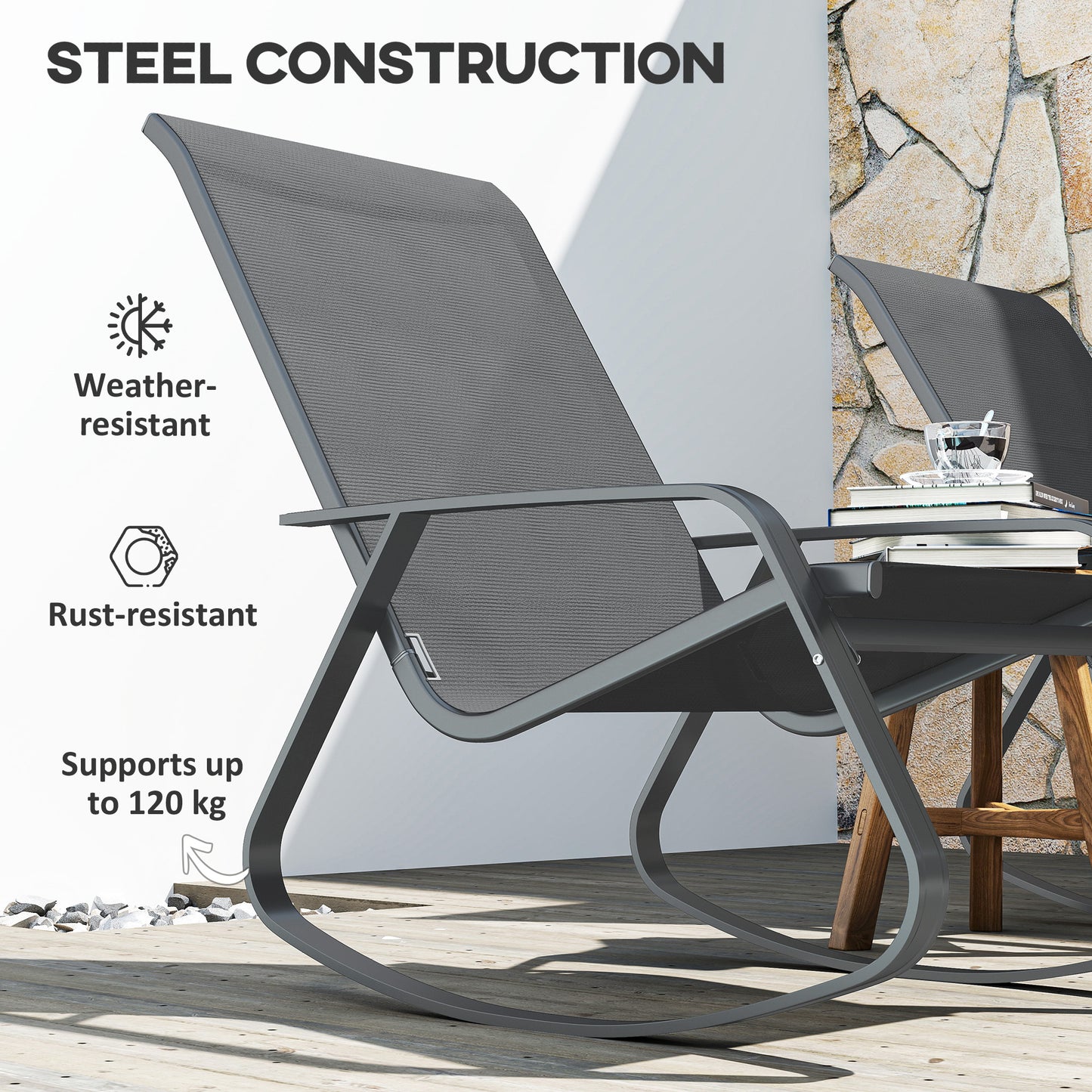 2PCS Garden Rocking Chairs with Armrests, High Back, Grey