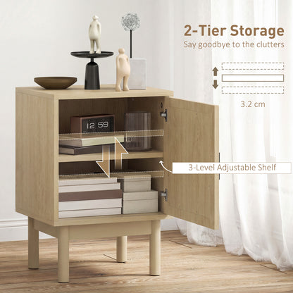 Rattan Bedside Table, Boho Bedside Cabinet with Adjustable Shelf and Solid Wood Legs, Side Table for Living Room, Bedroom, Natural Wood