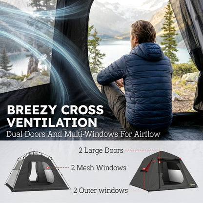 Camping Tent, 2 Man Dome Tent with 2 Doors and 2 Windows, 3000mm Waterproof, with Sewn-in Groundsheet, Carry Bag and Top Hook for Fishing Hiking Festival, Dark Grey & Red