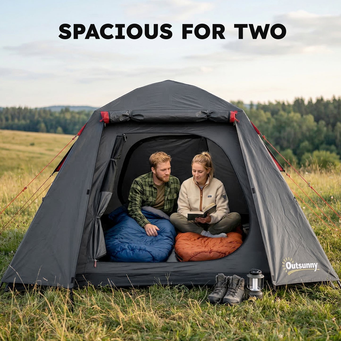 Camping Tent, 2 Man Dome Tent with 2 Doors and 2 Windows, 3000mm Waterproof, with Sewn-in Groundsheet, Carry Bag and Top Hook for Fishing Hiking Festival, Dark Grey & Red