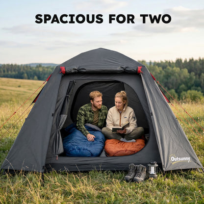 Camping Tent, 2 Man Dome Tent with 2 Doors and 2 Windows, 3000mm Waterproof, with Sewn-in Groundsheet, Carry Bag and Top Hook for Fishing Hiking Festival, Dark Grey & Red