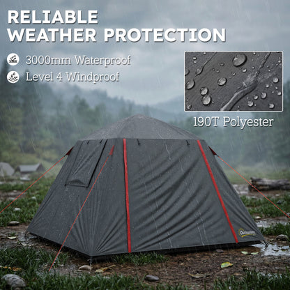 Camping Tent, 2 Man Dome Tent with 2 Doors and 2 Windows, 3000mm Waterproof, with Sewn-in Groundsheet, Carry Bag and Top Hook for Fishing Hiking Festival, Dark Grey & Red