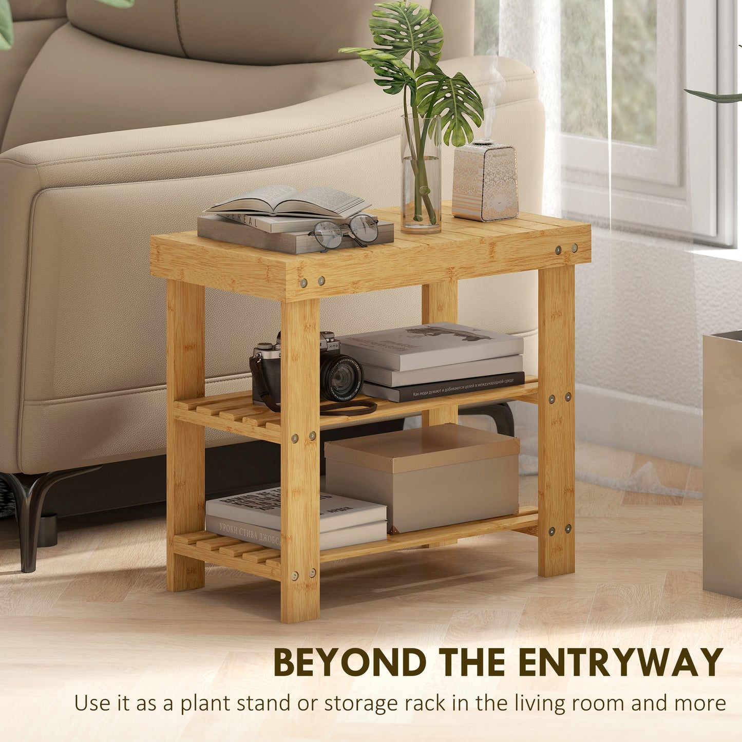3-Tier Bamboo Shoe Bench with 2 Shelves for Entryway, Wood Finish