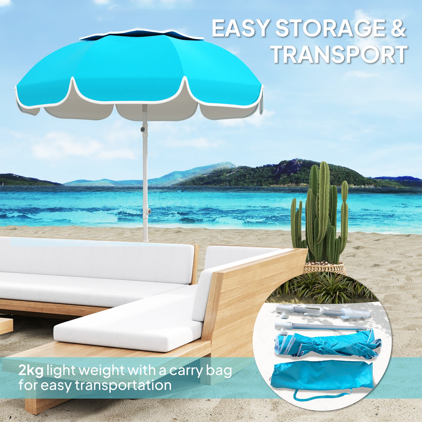 Beach Umbrella, Adjustable Height & Tilt Portable Parasol, Blue