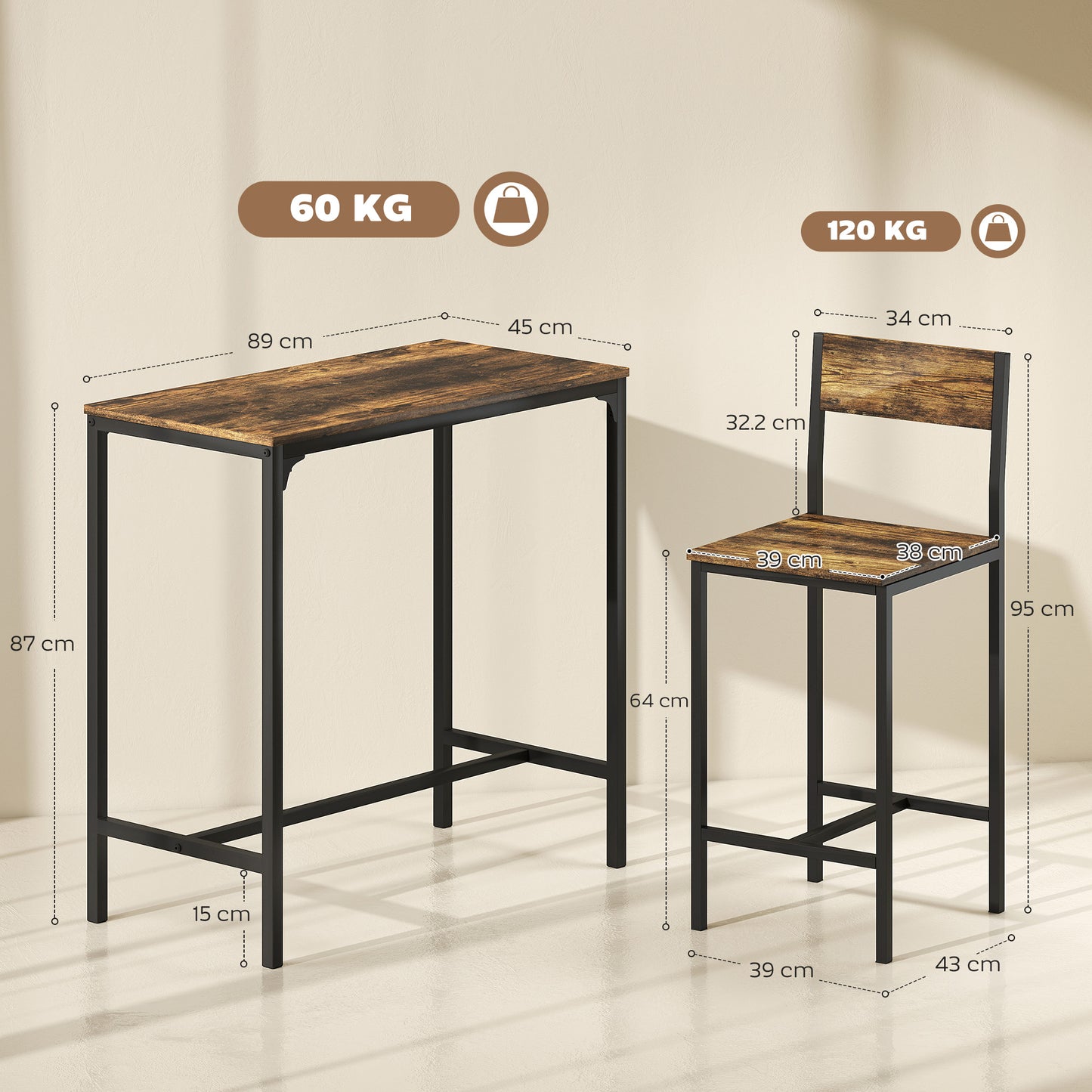 Bar Table and Stools Set, Kitchen Table and 2 Chairs with Backrest, Footrest