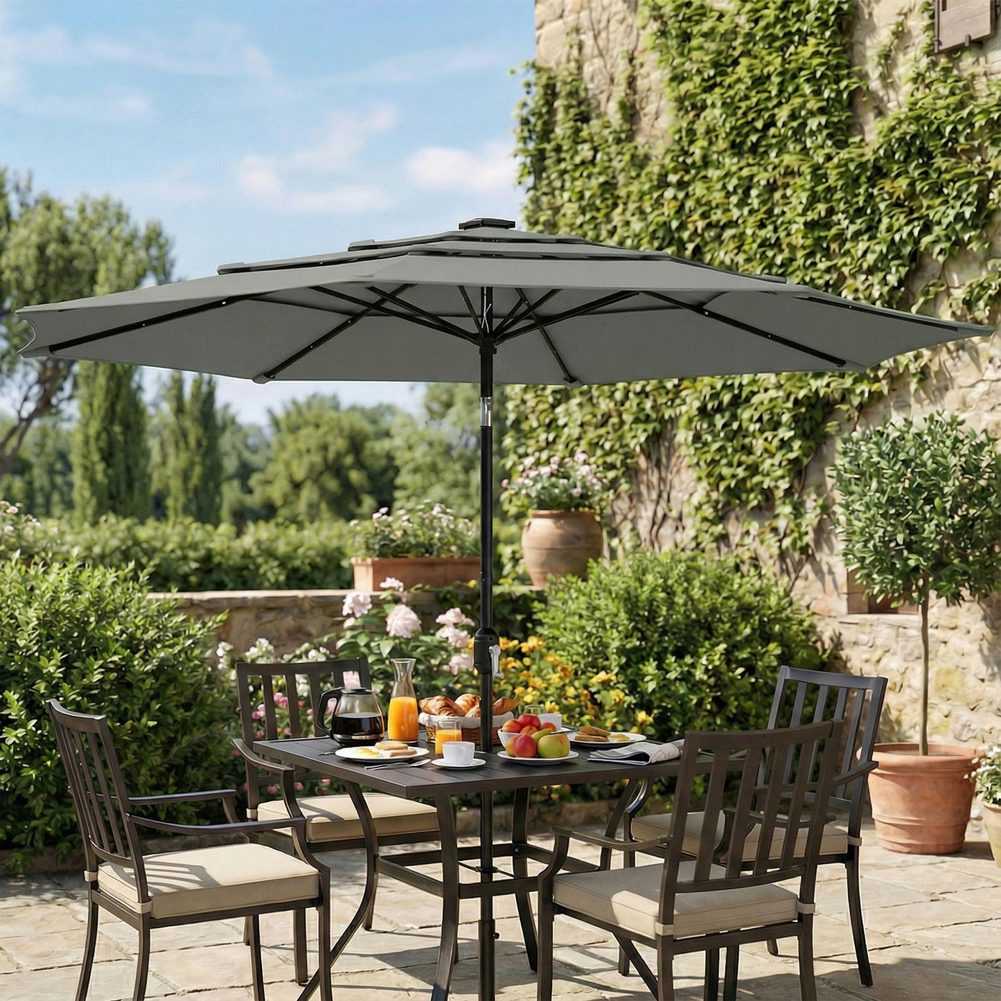 Garden Parasol, Outdoor Umbrella with Tilt Function, Grey