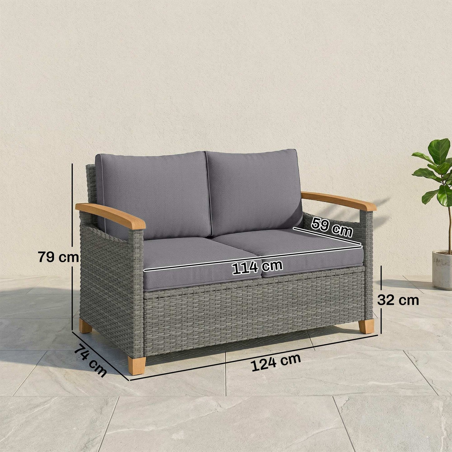 2 Seater Rattan Garden Sofa with Acacia Wood Armrests, Dark Grey