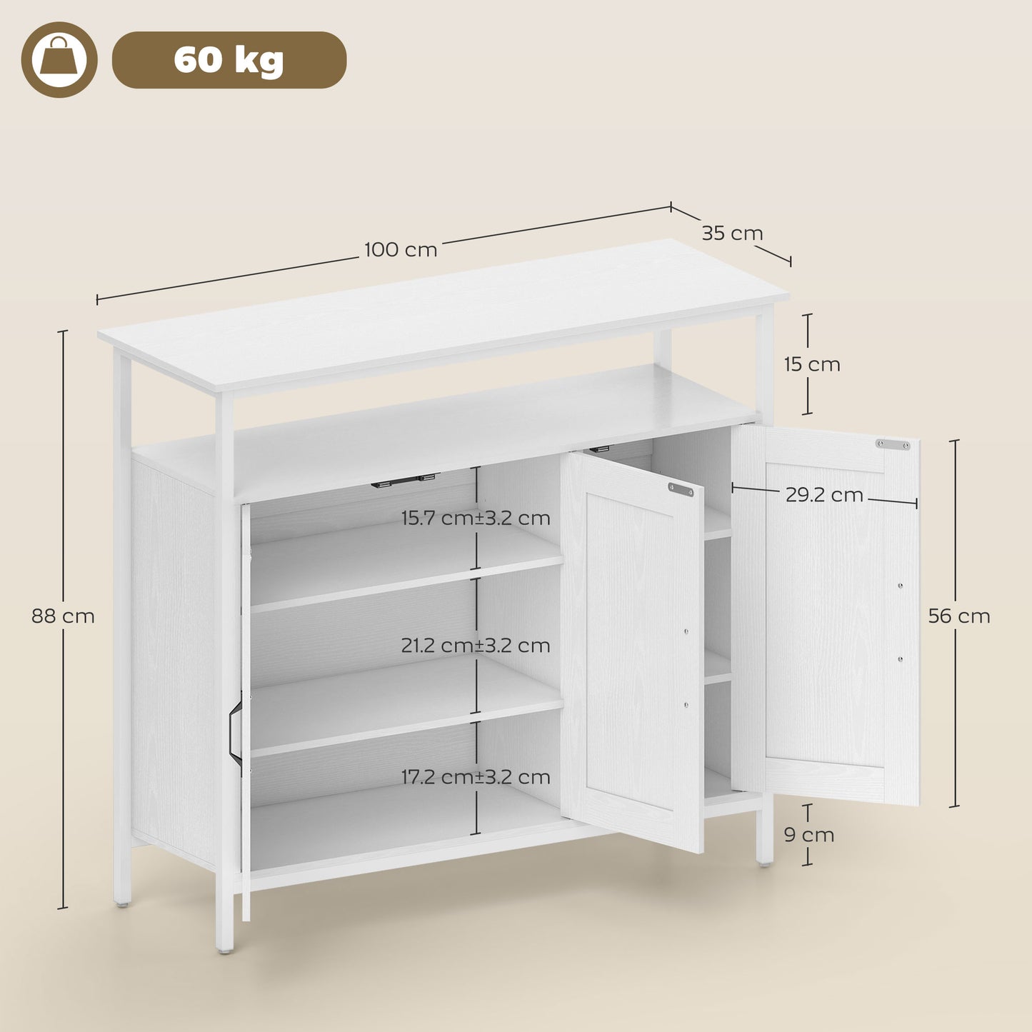 Industrial Kitchen Sideboard with Open Shelf & 2 Cabinets, White
