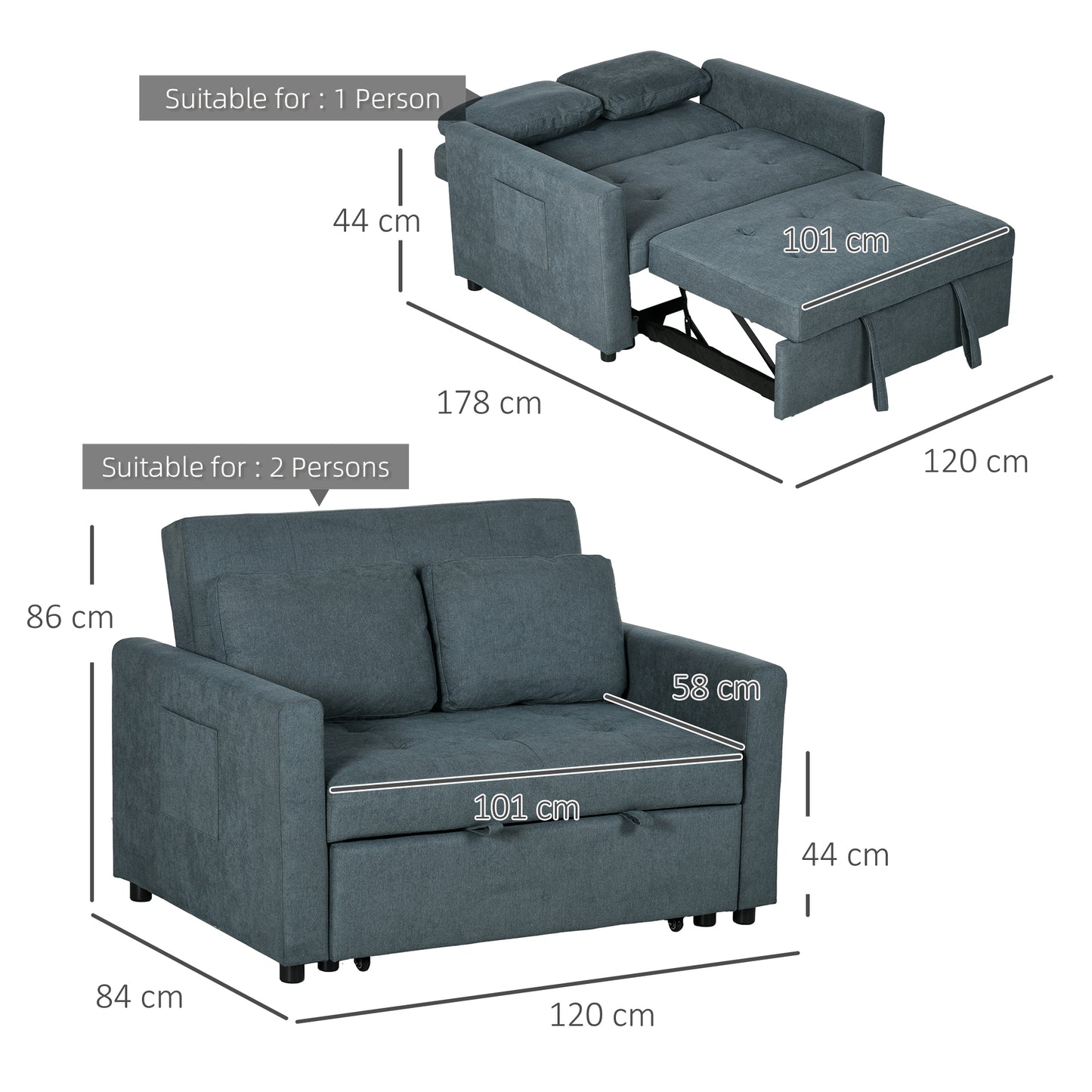 2 Seater Sofa Bed Convertible Bed Settee with Cushions, Pockets, Grey