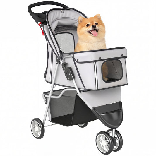 Pet Stroller Pushchair Carrier for Cat Puppy with 3 Wheels Grey