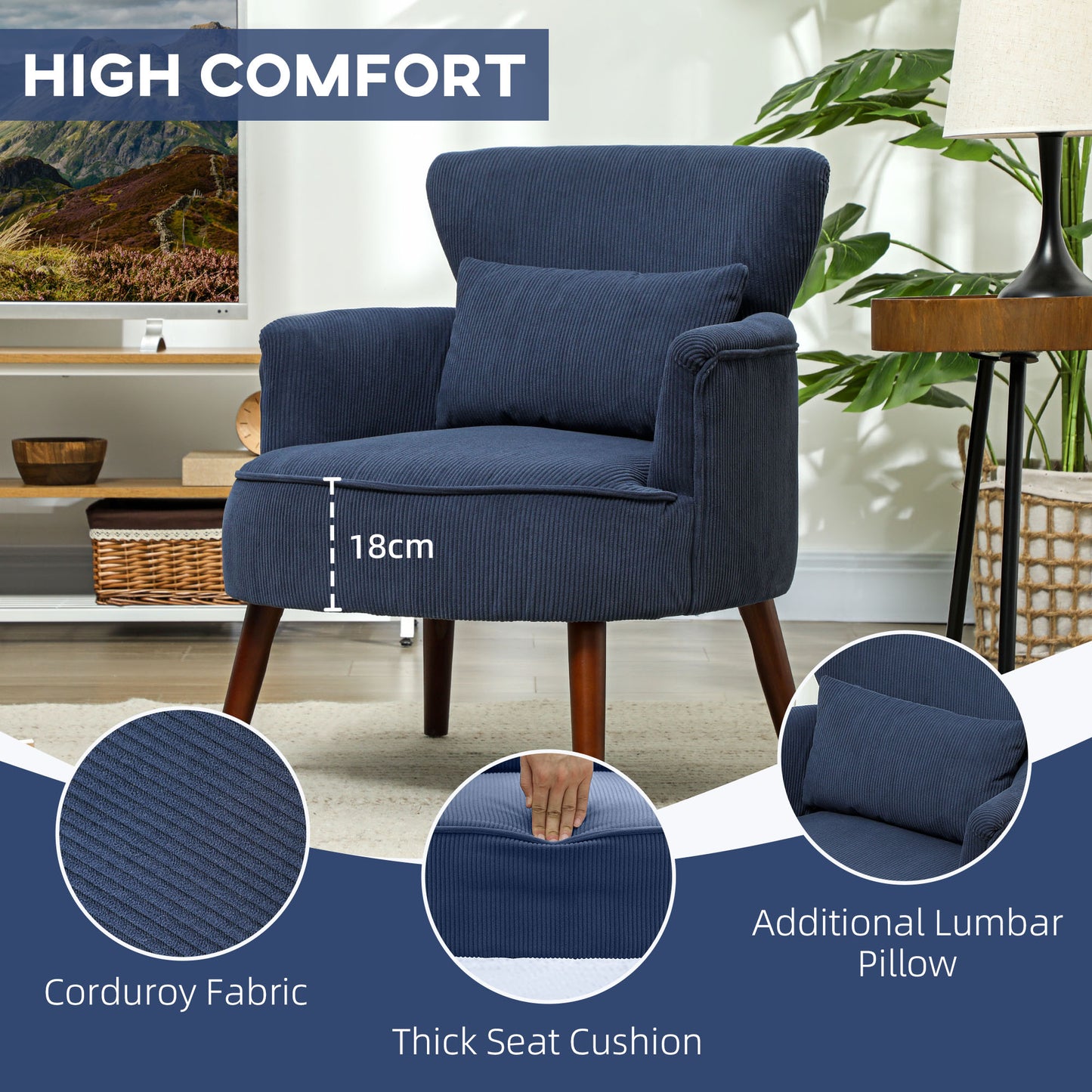 Armchair with Padded Seat and Backrest for Living Room, Blue