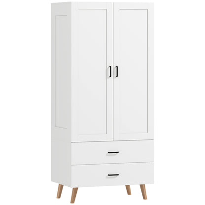2-Door Wardrobe, Modern Deep Wardrobe with 2 Drawers and Hanging Rail for Bedroom, Flats, 80 x 54 x 180 cm, White