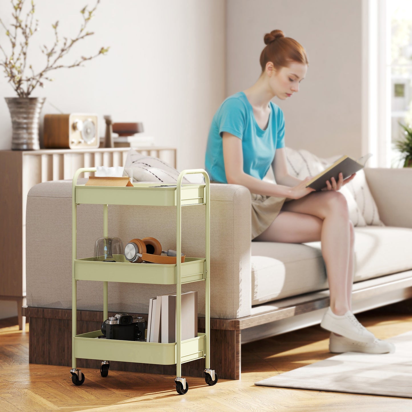 3 Tier Rolling Utility Cart with 3 Mesh Basket, Green