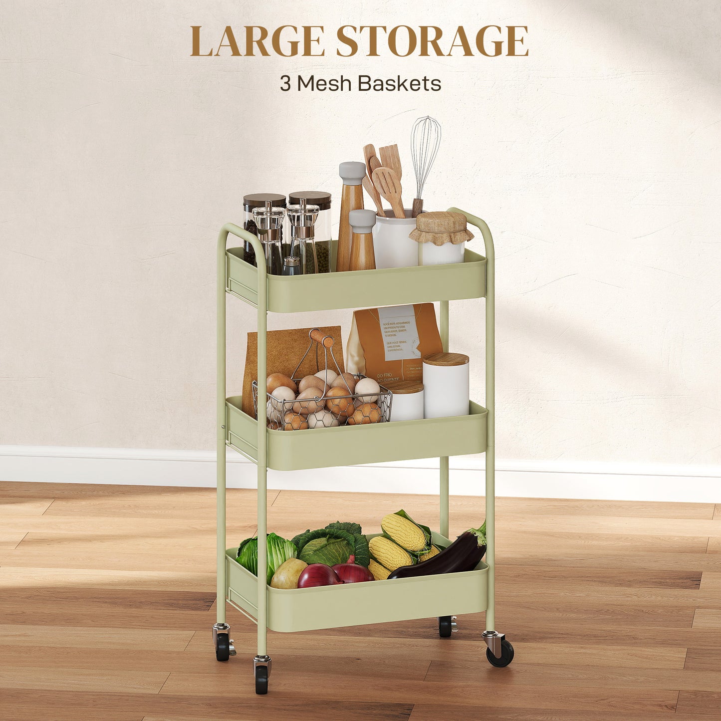 3 Tier Rolling Utility Cart with 3 Mesh Basket, Green