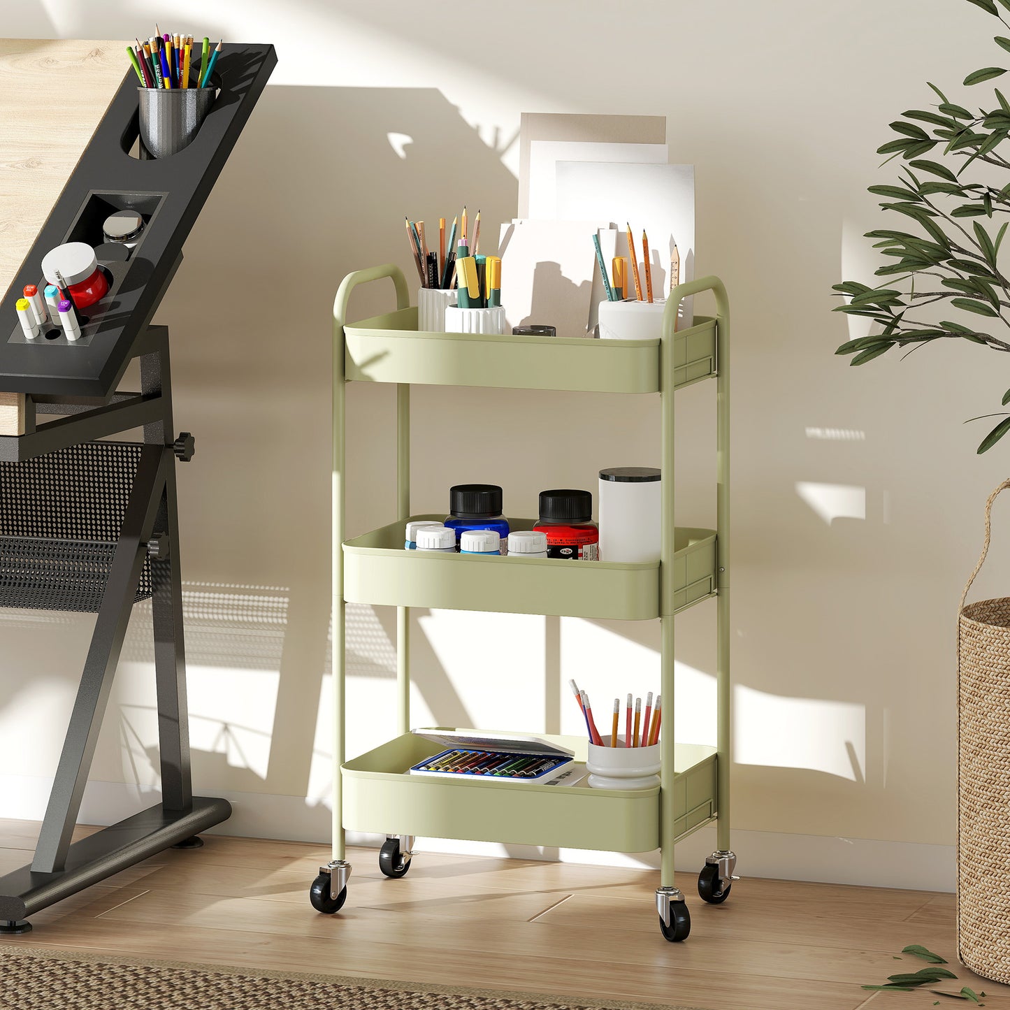 3 Tier Rolling Utility Cart with 3 Mesh Basket, Green
