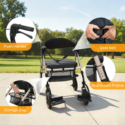 2-in-1 Mobility Walker with Seat, Foldable Rollator with Footrests