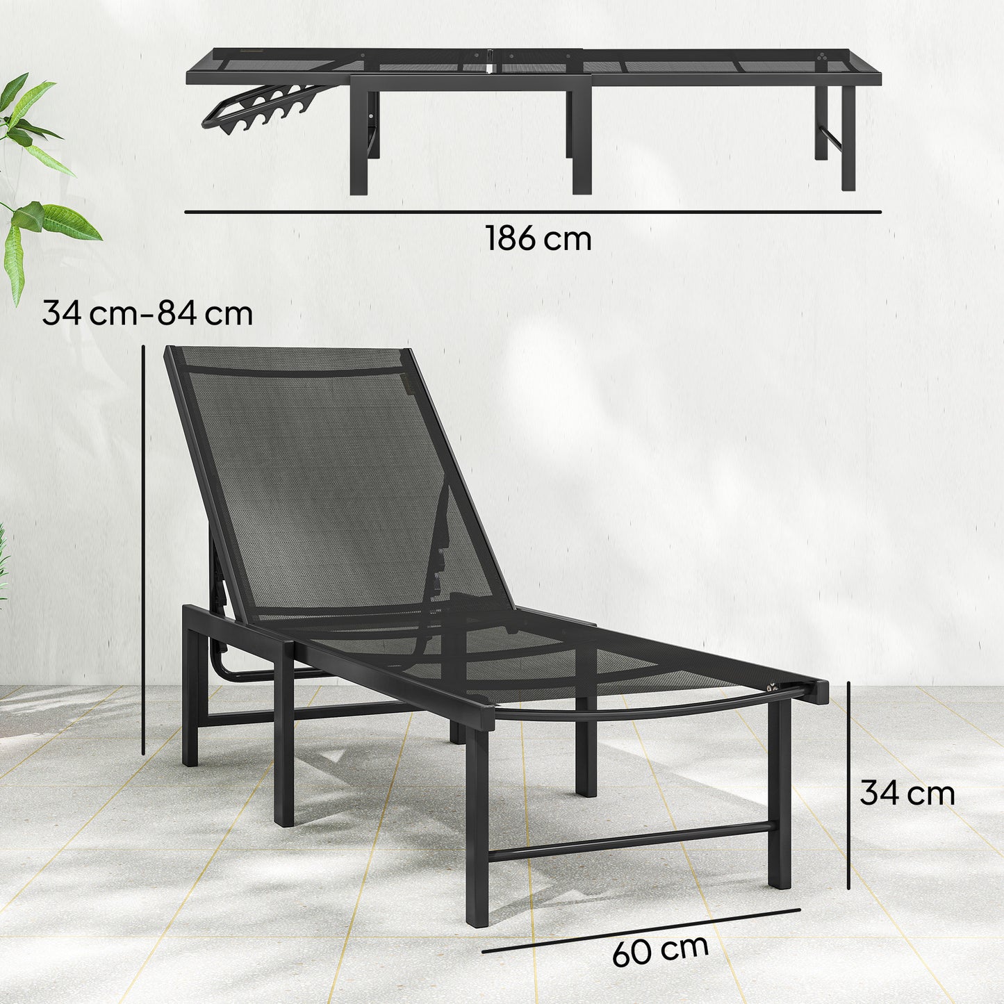 Sun Loungers Set of 2, 5-Level Reclining Sunbeds, Black