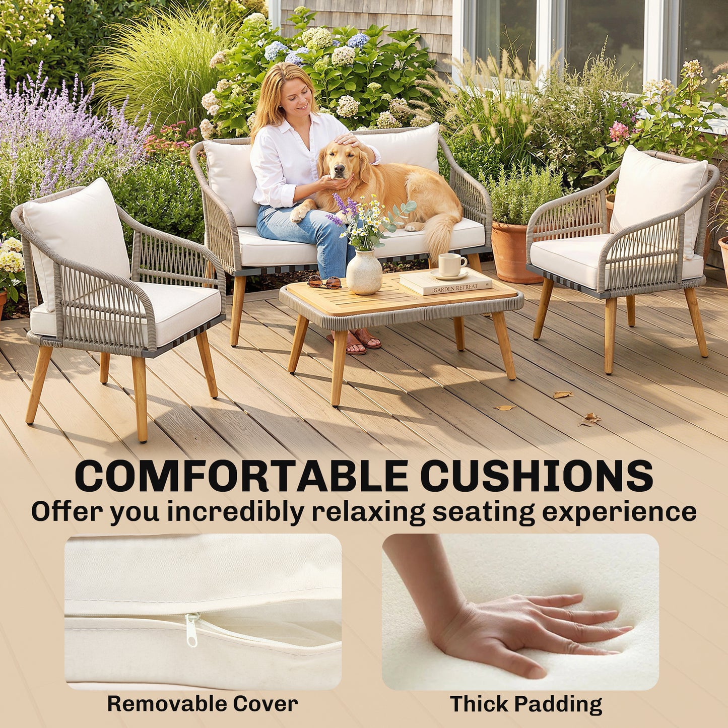 4 Piece Rattan Garden Furniture Set w/ Thick Cushions, Cream White