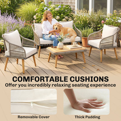 4 Piece Rattan Garden Furniture Set w/ Thick Cushions, Cream White