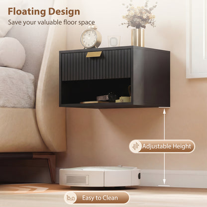 Floating Bedside Tables Set of 2 with Fluted Drawer Open Shelf Black