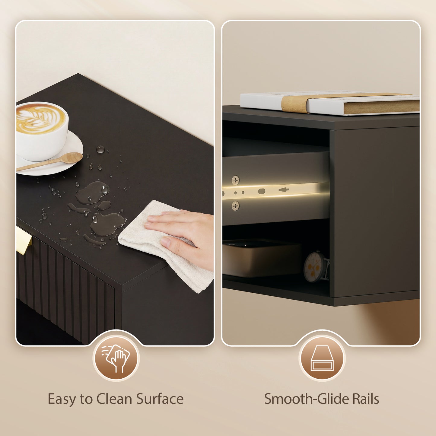 Floating Bedside Tables Set of 2 with Fluted Drawer Open Shelf Black