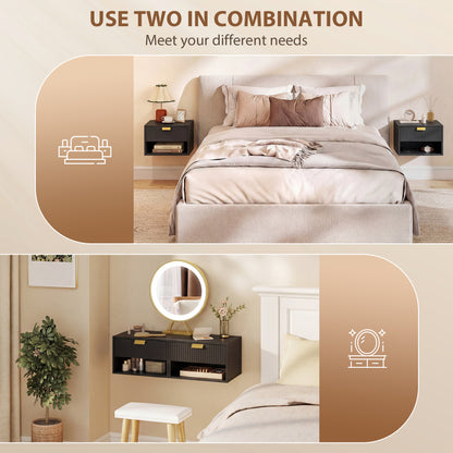 Floating Bedside Tables Set of 2 with Fluted Drawer Open Shelf Black