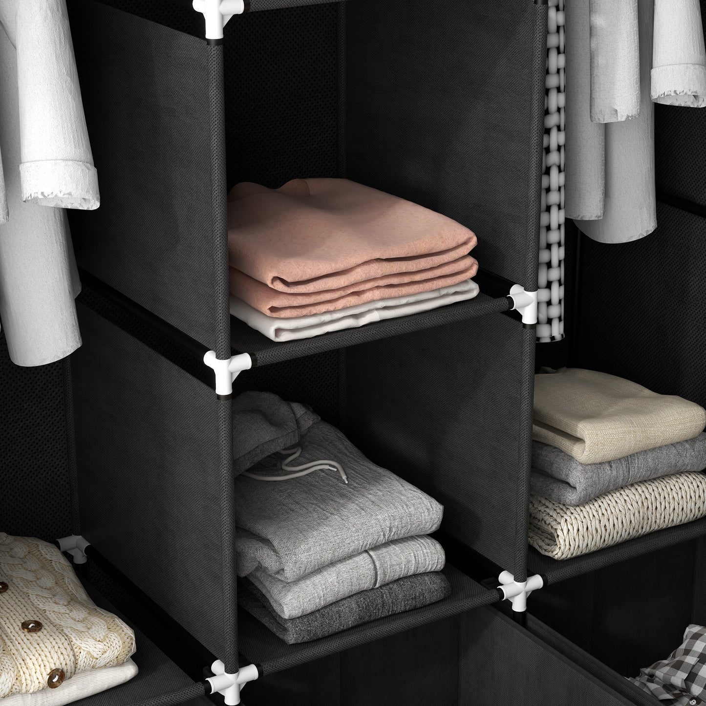 Portable Fabric Wardrobe with 5 Shelves and 3 Fabric Drawers, Black